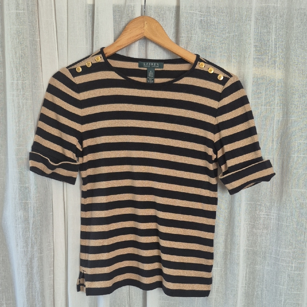 Lauren Ralph Lauren Black and Tan Striped Short Sleeve Top